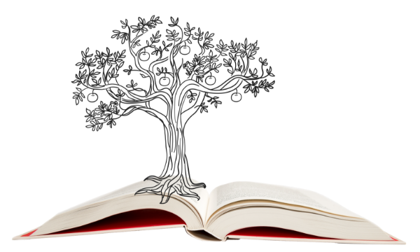 Sketch of tree growing from open book
